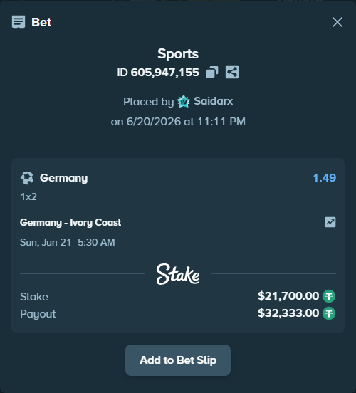 Bet slip: Germany - Ivory Coast, $21,721.70 stake at 1.49 odds, placed by Saidarx
