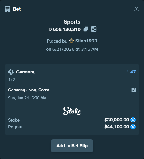 Bet slip: Germany - Ivory Coast, $30,000.00 stake at 1.47 odds, placed by Stian1993