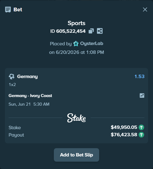 Bet slip: Germany - Ivory Coast, $50,000.00 stake at 1.53 odds, placed by OysterLab