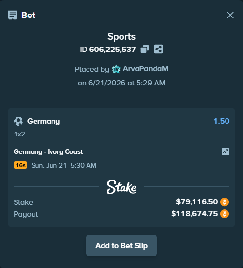 Bet slip: Germany - Ivory Coast, $73,689.89 stake at 1.50 odds, placed by ArvaPandaM