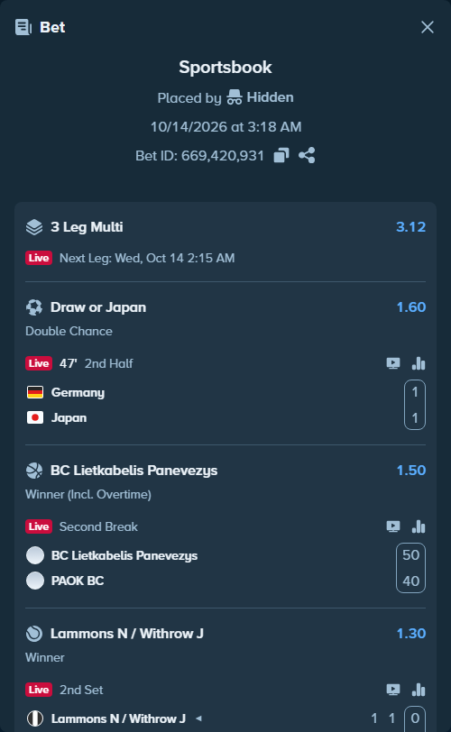Bet slip: Germany - Japan, $45,000.00 stake at 1.60 odds, placed by Hidden