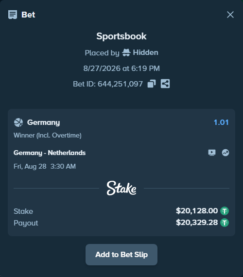 Bet slip: Germany - Netherlands, $20,128.00 stake at 1.01 odds, placed by Hidden