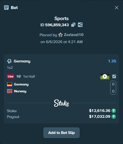 Bet slip: Germany - Norway, $12,616.36 stake at 1.35 odds, placed by Zozlzozl10