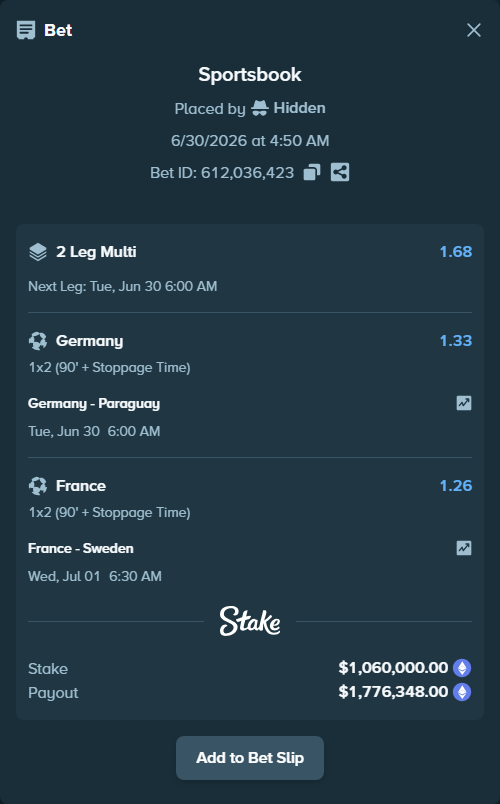 Bet slip: Germany - Paraguay, $1,152,470.65 stake at 1.33 odds, placed by Hidden