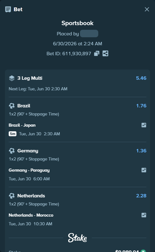 Bet slip: Germany - Paraguay, $10,000.00 stake at 1.36 odds, placed by Champjoll