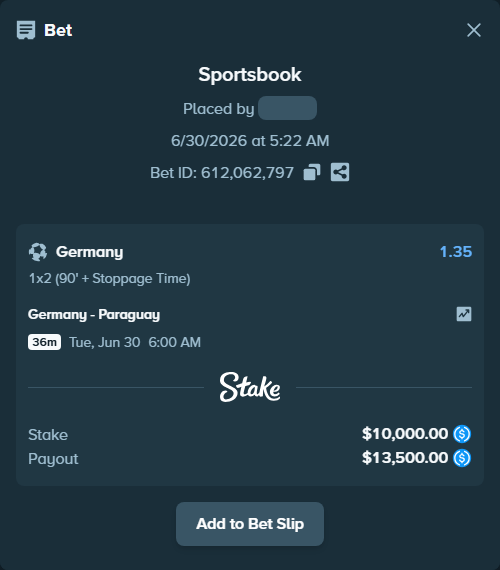 Bet slip: Germany - Paraguay, $10,000.00 stake at 1.35 odds, placed by Wolfie9