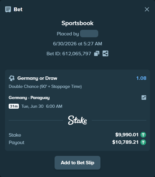 Bet slip: Germany - Paraguay, $10,000.00 stake at 1.08 odds, placed by criscas85