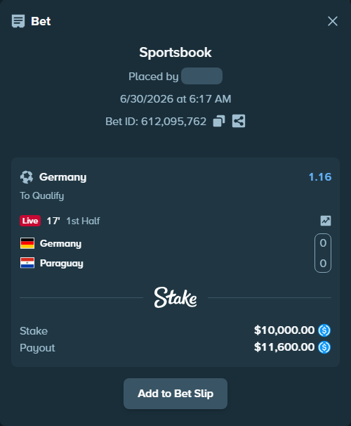 Bet slip: Germany - Paraguay, $10,000.00 stake at 1.16 odds, placed by Ugresset
