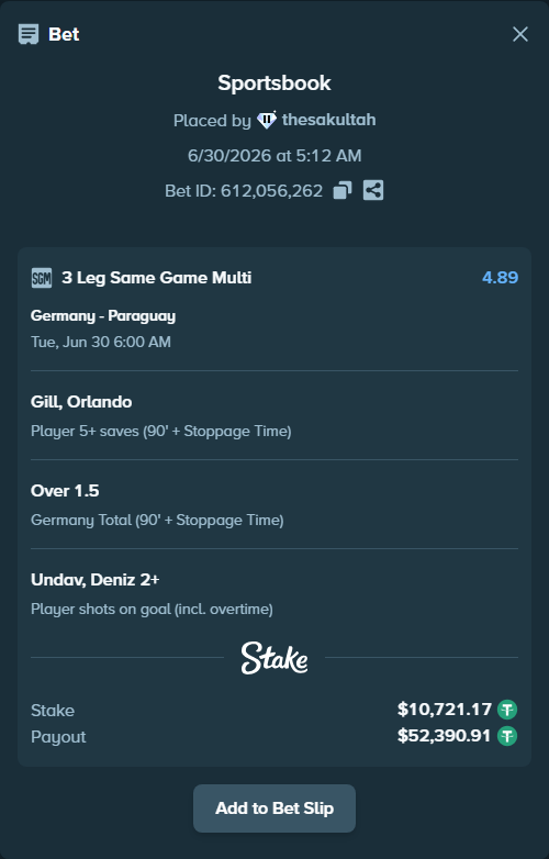 Bet slip: Germany - Paraguay, $10,731.89 stake at 1.75 odds, placed by thesakultah