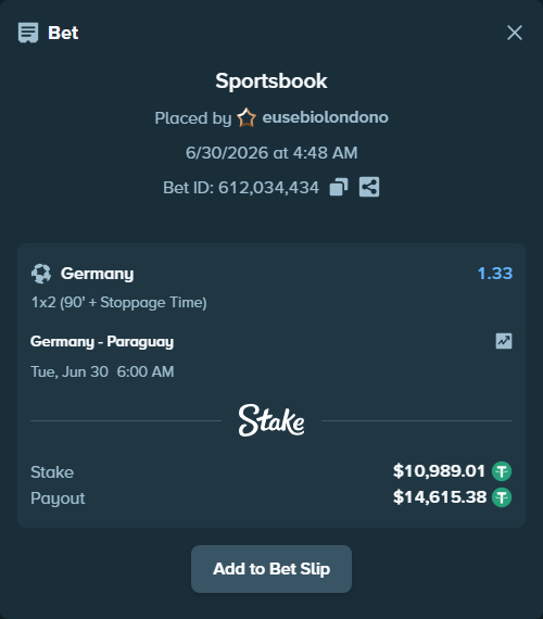 Bet slip: Germany - Paraguay, $11,000.00 stake at 1.33 odds, placed by eusebiolondono