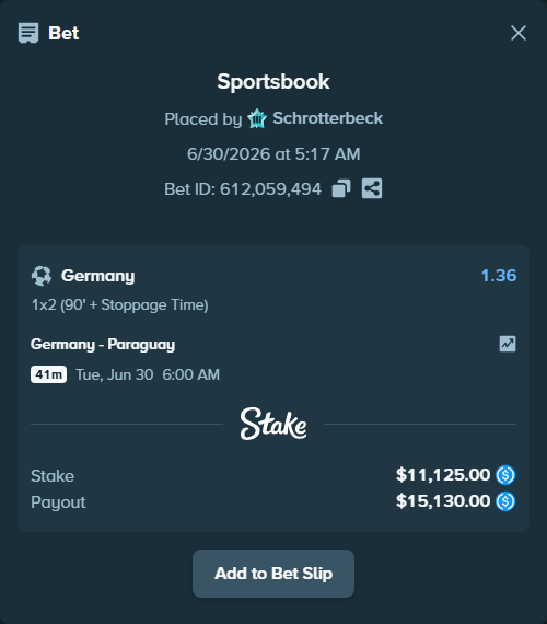 Bet slip: Germany - Paraguay, $11,125.00 stake at 1.36 odds, placed by Schrotterbeck
