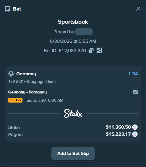 Bet slip: Germany - Paraguay, $10,930.59 stake at 1.34 odds, placed by Sacha0305