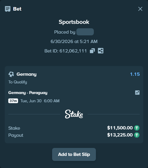 Bet slip: Germany - Paraguay, $11,511.50 stake at 1.15 odds, placed by Rimmereid