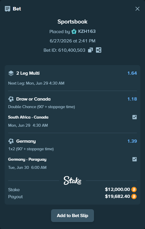 Bet slip: Germany - Paraguay, $12,303.85 stake at 1.39 odds, placed by KZH163