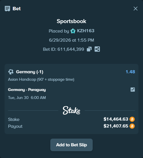 Bet slip: Germany - Paraguay, $15,095.38 stake at 1.48 odds, placed by KZH163