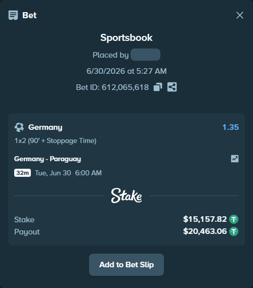 Bet slip: Germany - Paraguay, $15,172.98 stake at 1.35 odds, placed by Eliabro