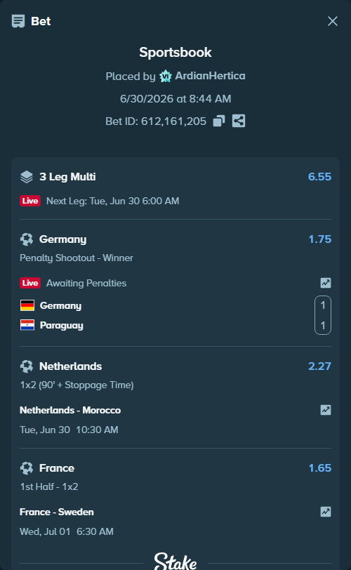 Bet slip: Germany - Paraguay, $15,689.00 stake at 1.75 odds, placed by ArdianHertica