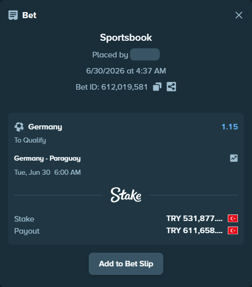 Bet slip: Germany - Paraguay, $15,956.31 stake at 1.15 odds, placed by ozkanhaci10