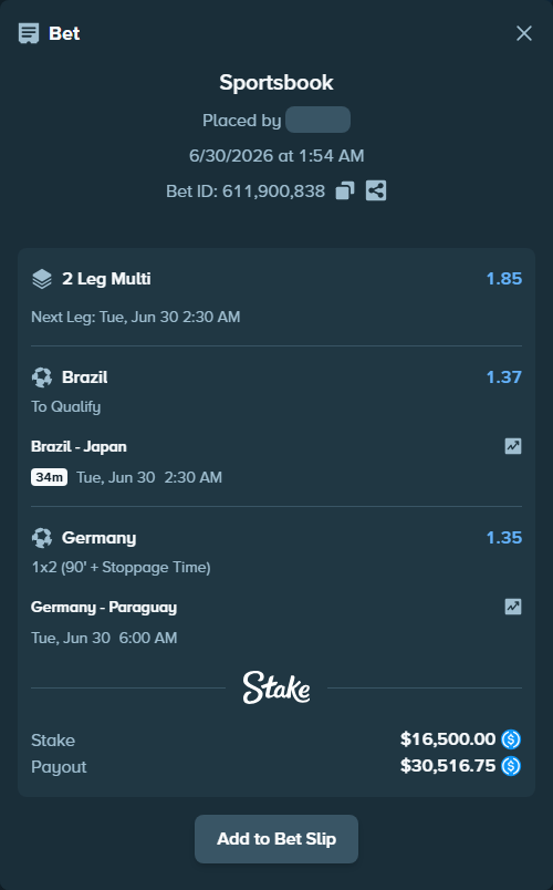 Bet slip: Germany - Paraguay, $16,500.00 stake at 1.35 odds, placed by TeslaKesla22