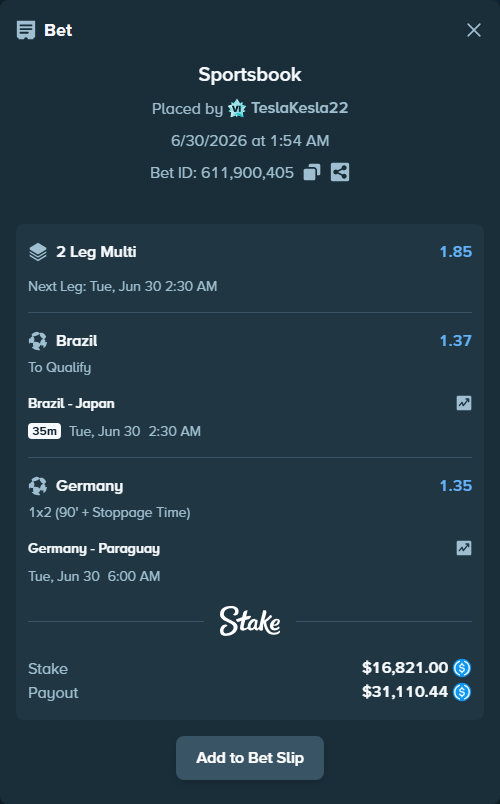 Bet slip: Germany - Paraguay, $16,821.00 stake at 1.35 odds, placed by TeslaKesla22