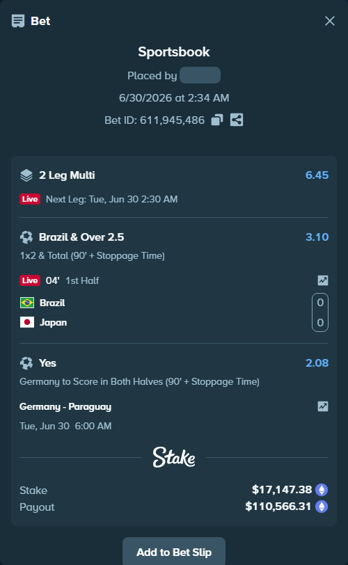 Bet slip: Germany - Paraguay, $19,041.14 stake at 2.08 odds, placed by Kaidou827