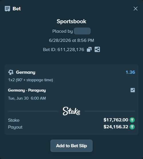 Bet slip: Germany - Paraguay, $17,779.76 stake at 1.36 odds, placed by Didrikv