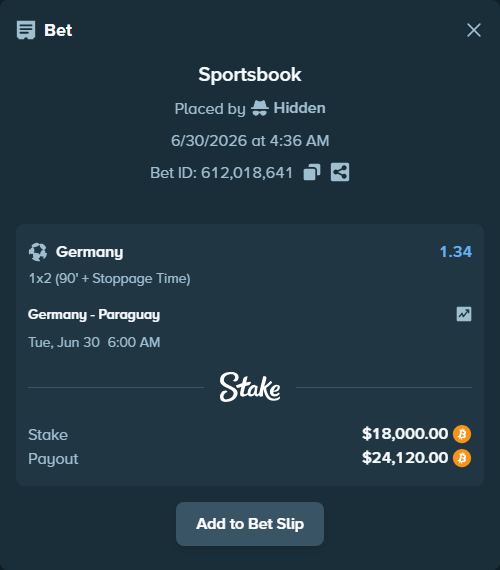 Bet slip: Germany - Paraguay, $19,254.75 stake at 1.34 odds, placed by Hallfkh