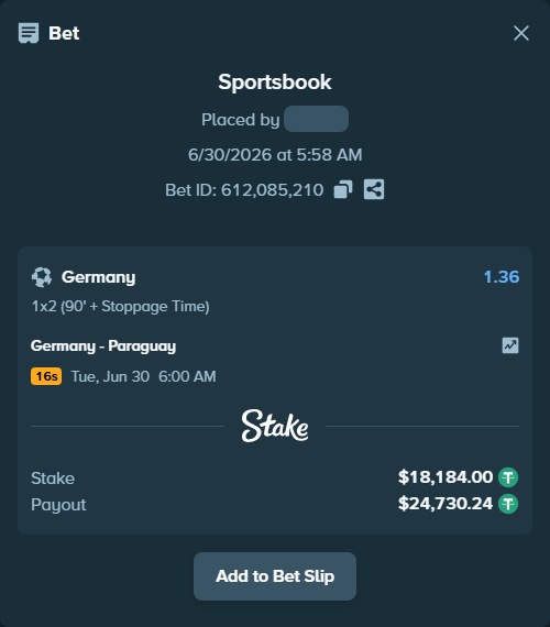 Bet slip: Germany - Paraguay, $18,202.18 stake at 1.36 odds, placed by silask08