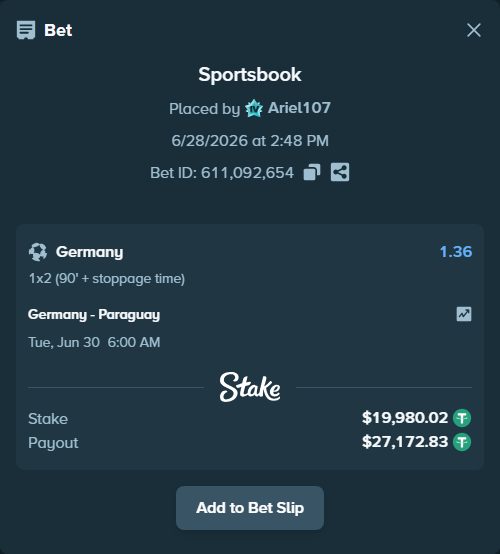 Bet slip: Germany - Paraguay, $20,000.00 stake at 1.36 odds, placed by Ariel107