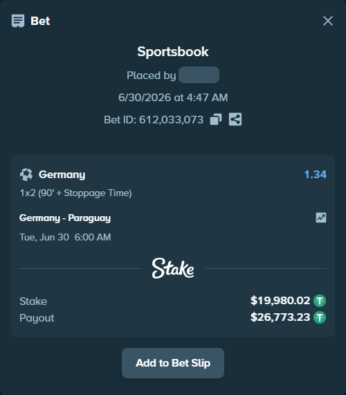 Bet slip: Germany - Paraguay, $20,000.00 stake at 1.34 odds, placed by lven5