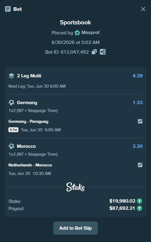 Bet slip: Germany - Paraguay, $20,000.00 stake at 1.33 odds, placed by Maxprof
