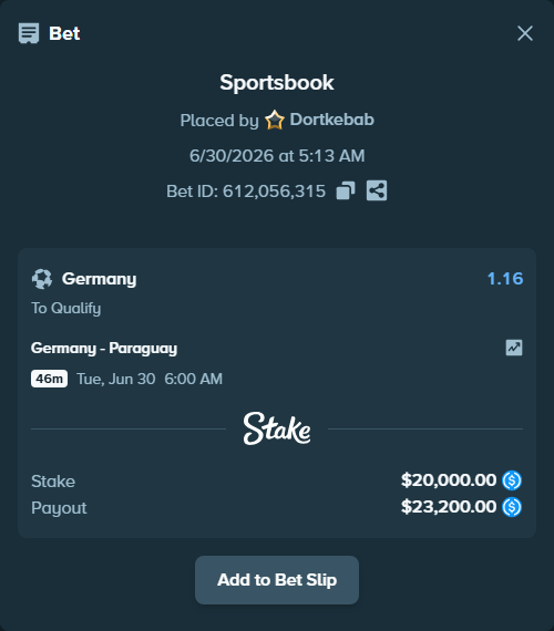 Bet slip: Germany - Paraguay, $20,000.00 stake at 1.16 odds, placed by Dortkebab