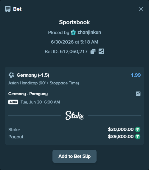 Bet slip: Germany - Paraguay, $20,020.00 stake at 1.99 odds, placed by zhanjinkun
