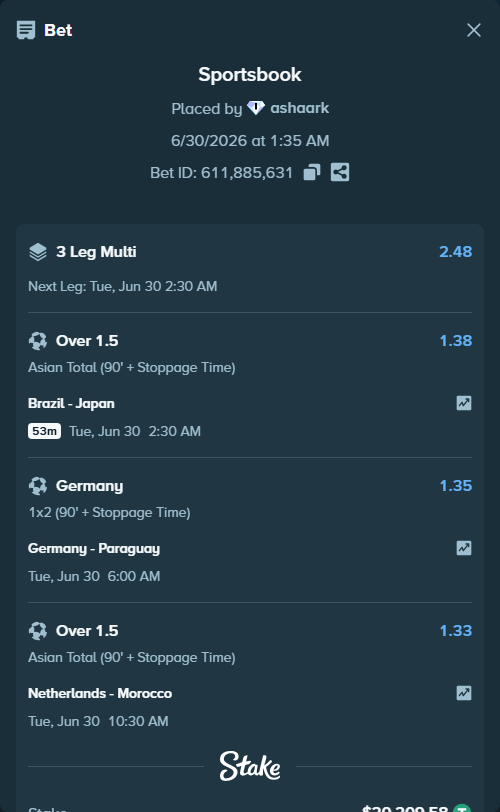 Bet slip: Germany - Paraguay, $20,250.00 stake at 1.35 odds, placed by ashaark