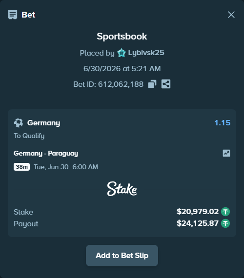 Bet slip: Germany - Paraguay, $21,000.00 stake at 1.15 odds, placed by Lybivsk25