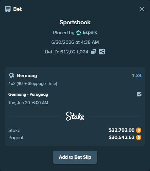 Bet slip: Germany - Paraguay, $23,685.93 stake at 1.34 odds, placed by Espnik