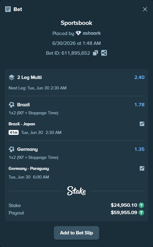 Bet slip: Germany - Paraguay, $25,000.00 stake at 1.35 odds, placed by ashaark
