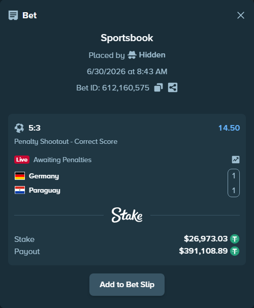 Bet slip: Germany - Paraguay, $27,000.00 stake at 14.50 odds, placed by Hidden