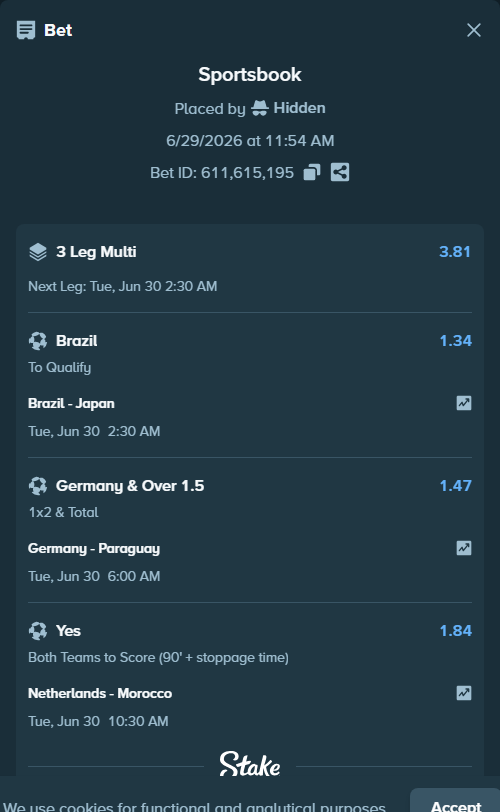 Bet slip: Germany - Paraguay, $27,027.00 stake at 1.47 odds, placed by Bigfoltz