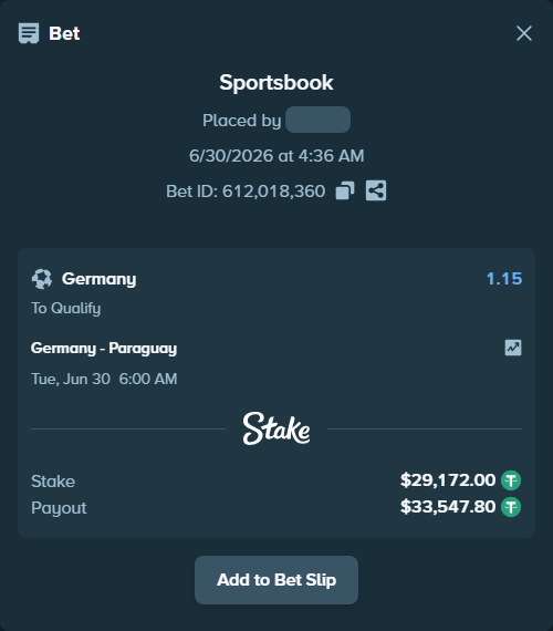 Bet slip: Germany - Paraguay, $29,201.17 stake at 1.15 odds, placed by Petter921