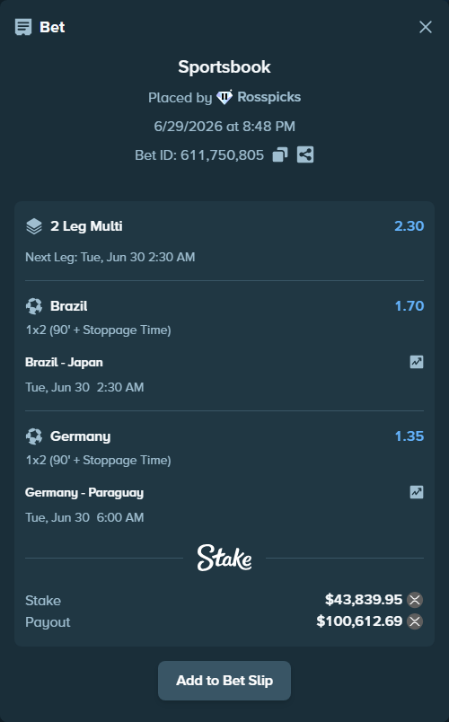 Bet slip: Germany - Paraguay, $47,558.63 stake at 1.35 odds, placed by Rosspicks