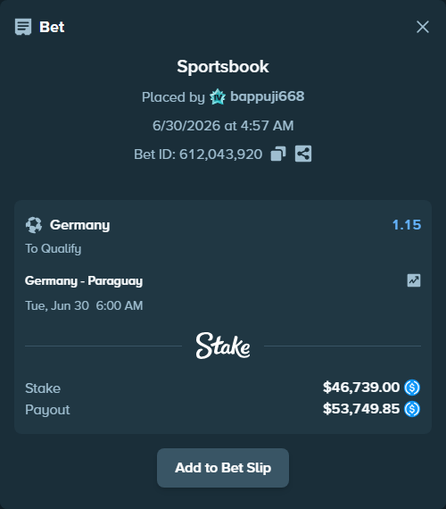 Bet slip: Germany - Paraguay, $46,739.00 stake at 1.15 odds, placed by bappuji668