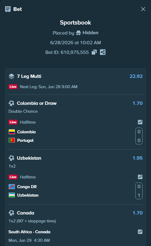 Bet slip: Germany - Paraguay, $68,028.73 stake at 1.36 odds, placed by Hidden