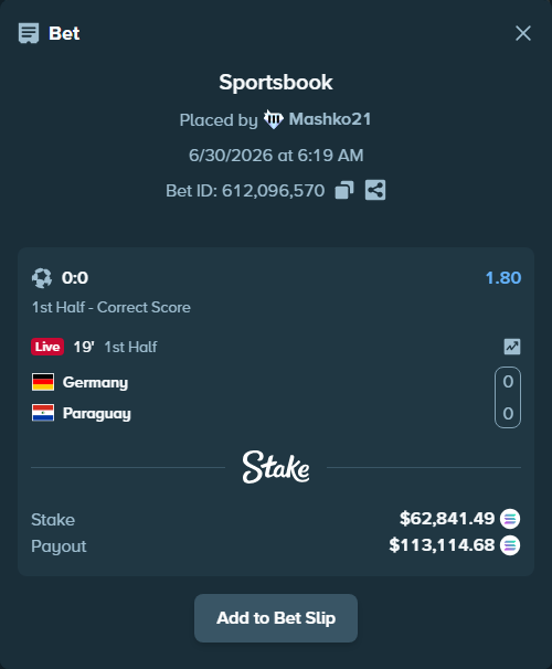 Bet slip: Germany - Paraguay, $68,003.83 stake at 1.80 odds, placed by Mashko21