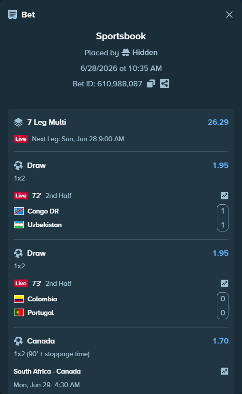 Bet slip: Germany - Paraguay, $78,164.10 stake at 1.36 odds, placed by Hidden