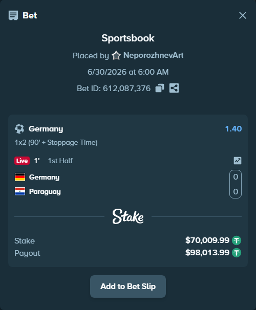 Bet slip: Germany - Paraguay, $70,080.00 stake at 1.40 odds, placed by NeporozhnevArt