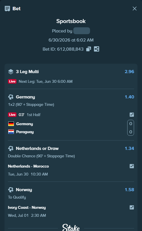 Bet slip: Germany - Paraguay, $88,873.74 stake at 1.40 odds, placed by Mashko21