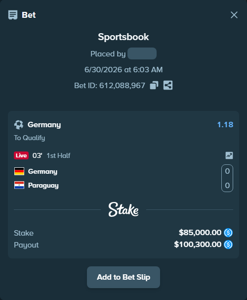 Bet slip: Germany - Paraguay, $85,000.00 stake at 1.18 odds, placed by pering3