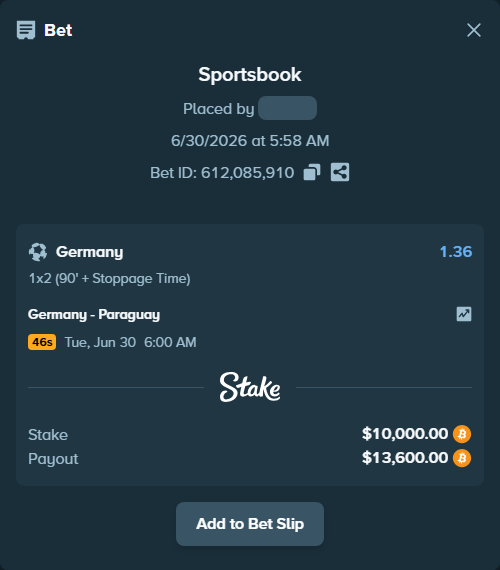 Bet slip: Germany - Paraguay, $10,658.49 stake at 1.36 odds, placed by Tonyj69