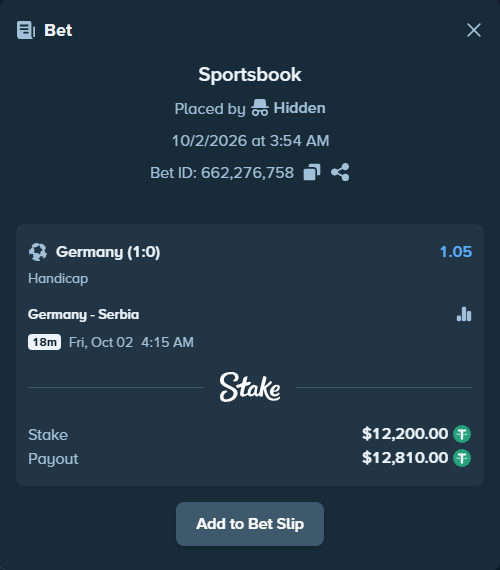 Bet slip: Germany - Serbia, $12,200.00 stake at 1.05 odds, placed by shelyzz